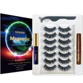 Alcastar Magnetic Lashes Natural Looking with Eyeliner, Light weight Magnetic Lashes Natural Look, Reusable,Long Lasting, Easy Apply (7pairs 1 black+1brown)