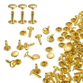 HARFINGTON 100 Sets Double Cap Leather Rivets, 9x12mm Round Cap Tubular Metal Studs Leather Crafting Rivets for Fabric Belt Pet Collar Boot Bag Repair and Decoration, Gold