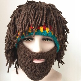 Funny Barbarian Knit Beard Hat Creative Wig Beanie Hat Warm Winter Caps Ski Cap Removable Beard, Brown, One Size