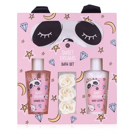 accentra Sweet Dreams Women's Gift Set, Beauty Set with Panda Sleeping Mask, Shower Gel, Body Lotion and Rose Bath Confetti, Wellness Set for Women and Girls for Birthday and Special Occasions