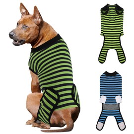 QUEARN 2 Packs Breathable Cotton Dog Recovery Suit for After Neuter Spay Abdominal Wounds Protector, Professional Anti-Licking Onesies for Male Female Pets Surgery Bandages, 2XL Blue & Green Stripes