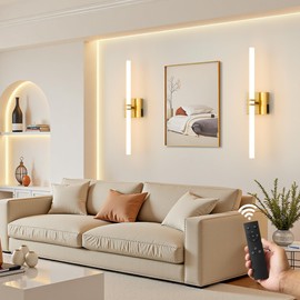 Eicrkodn Battery Operated Wall Sconce, Gold Rechargeable Wall Lights with Dimmable Remote Control, 23.6 Inch 3000K-6000K LED Wireless Wall Lamps for Bedroom, Hallway, Background Wall