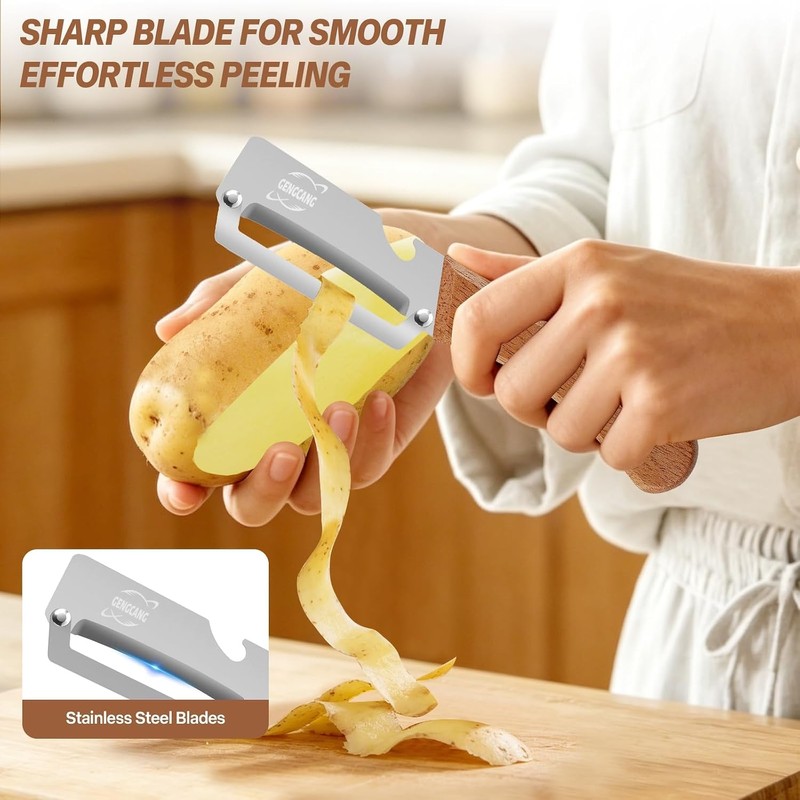 MultiFunctional Vegetable Peeler, Non-Slip Wooden Handle with Sharp Stainless Steel