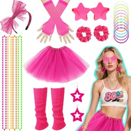 Pack of 22 80s 90s Outfit for Women, Retro Neon 1980s Clothing Costume with Tutu Skirt, Leg Warmers, Mesh Gloves, Bows Headband, Glasses for Adults, Children, Carnival, Theme Party, Cosplay