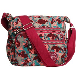 Womens Multi Pocket Casual Canvas Crossbody Bag Travel Purse Messenger Handbag for Shopping Hiking Daily Use (Camo red)