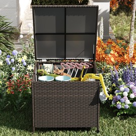 80 Gallon Outdoor Storage Box, Patio Rattan Deck Box, PE Wicker Storage Box with 2 Wheels,Wicker Storage Bench for Indoor,Pool, Balcony, Yard, Garden, Brown