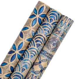 RUSPEPA Blue Wrapping Paper, 17 inches x 10 feet per Roll, Total of 3 Rolls, Kraft Wrapping Paper Rolls, Watercolor Indigo Blue Geometry Wrapping Paper for Birthday, Party and Holiday
