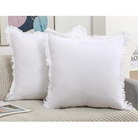 NUYECY Set of 2 Natural Linen Fringed Throw Pillow Covers,White Neutral Decorative Pillowcase with Chic Tassel Burlap Boho Square Cushion Covers for Couch Sofa Farmhouse,20x20 inches