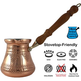 DEDE Copper - PCZ Series (Large-14fl.oz) - Thickest Solid Copper Engraved/Hammered Turkish Greek Arabic Coffee Pot with Wooden Handle, Stovetop Coffee Maker Cezve, Jezve, Jazva, Ibrik, Briki (Shiny)