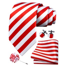 GUSLESON Red and White Striped Ties for Wedding Silk Necktie Pocket Square Cufflinks and Lapel Pin Brooch Set (6108-01)