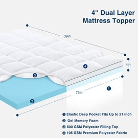 OLANLY Twin Memory Foam Mattress Topper, Dual Layer 4 Inch Mattress Topper with 8-21 Inch Deep Pocket, 2 Inch Gel Memory Foam and 2 Inch Breathable Pillow Top Mattress Pad Cover, White