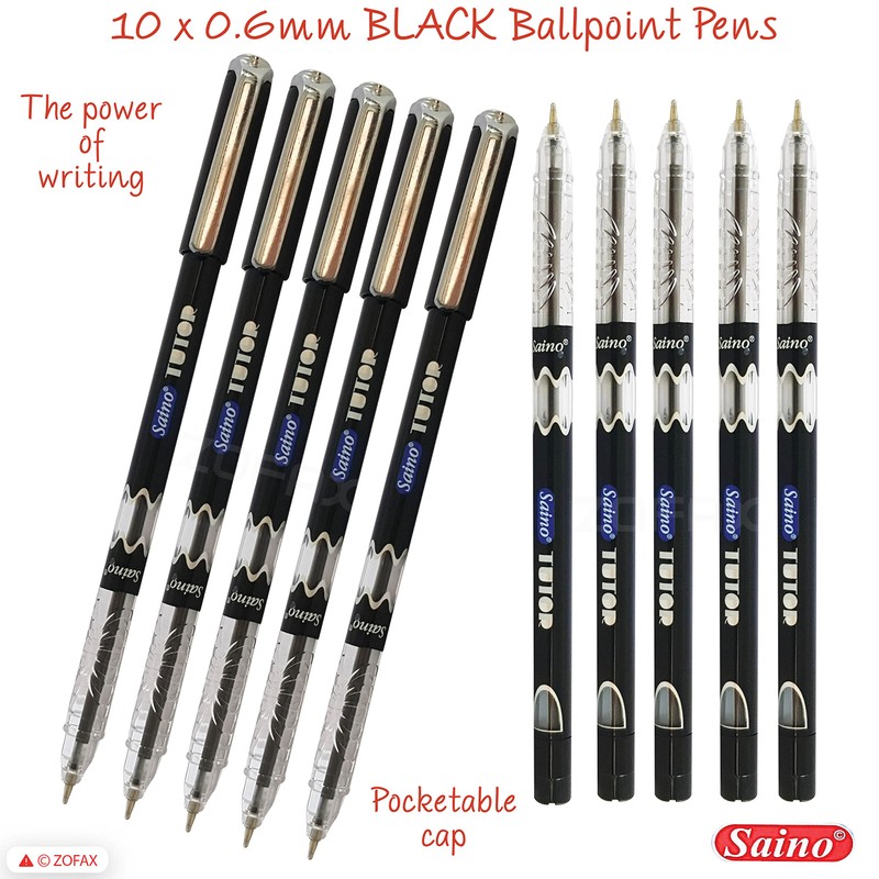 SAINO 10 x 0.6mm Fine Tip Ball Pens Tutor BLACK