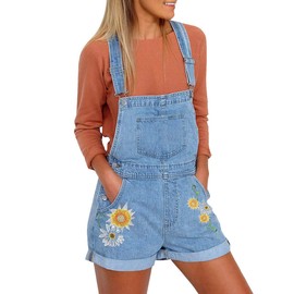Vetinee Women's Placid Blue Floral Embroidery Classic Adjustable Straps Cuffed Hem Denim Bib Overall Shorts Small (US 4-6)