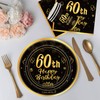 POPOYU 16pcs Black and Gold Paper Plates 60th, Happy Birthday