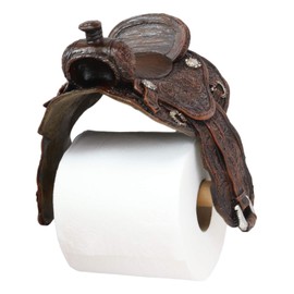 Ebros Western Rustic Tooled Pattern Horse Saddle Decorative Toilet Paper Holder Figurine 7.5" Tall Powder Room Bathroom Wall Decor Plaque for Cabin Hunting Lodge Cowboy Cowgirl Horses Theme Sculpture