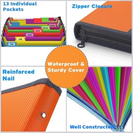 Vanulee Expanding File Folder, Accordion Document Box File Organiser with 13 Multicolour Pockets and Tabs,A4 Paperwork Filing Folders, Orange