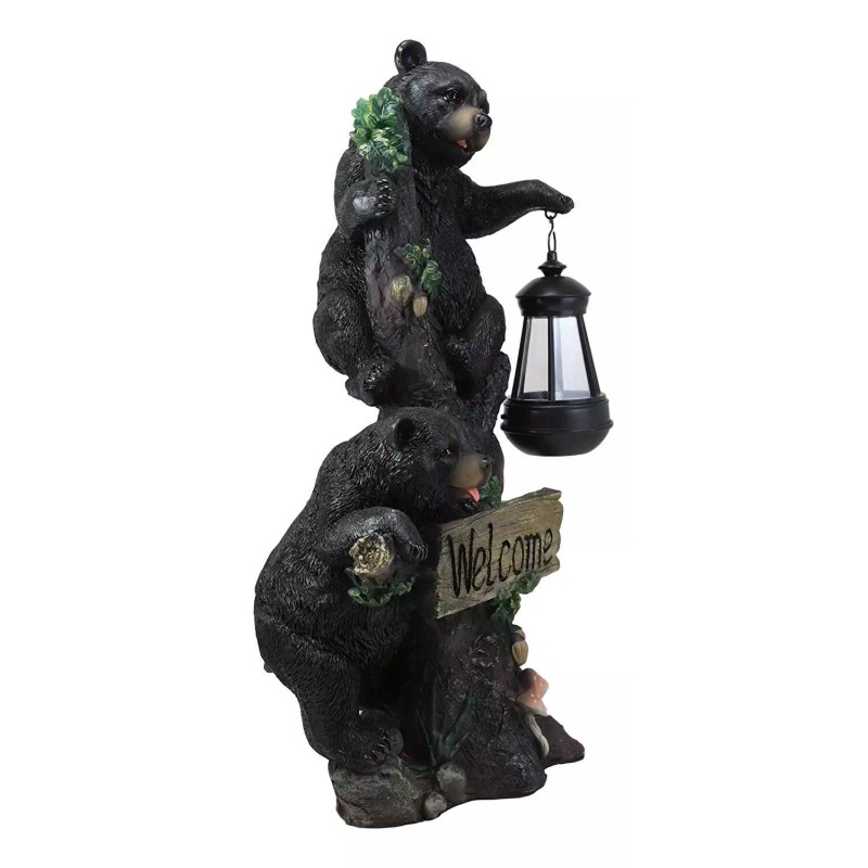 Climbing Black Bear Cubs Garden Light Welcome Statue Figurine Solar