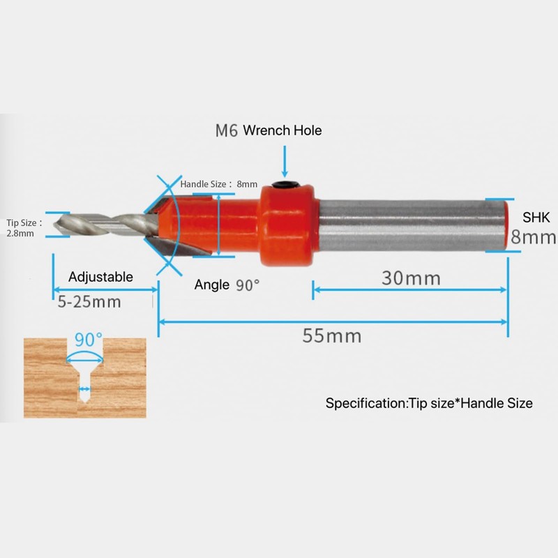 HSS Countersink Drill Bit 2.8mm, Red 8mm Round Shank Woodworking