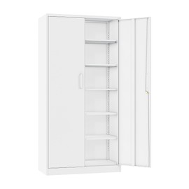 Metal Storage Cabinet with 2 Doors and 5 Adjustable Shelves,White Metal Cabinet with Lock,Garage Storage Cabinet,Lockable Pantry Cabinet,Steel Utility Cabinet for Home,Office,Garage,Shop 72x36x18