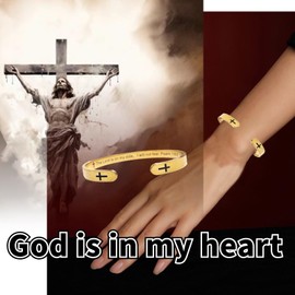 RENYILIN Religious prayer bracelet Christian inspirational quotes Cross Cuff bracelet Baptismal Faith Bible verses inspired cuff jewelry (Gold & Deuteronomy 31：6)