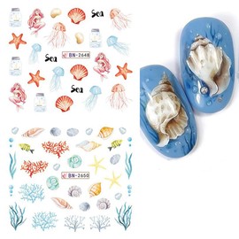Summer Nail Art Stickers Seashell Water Transfer Nail Decals Ocean Starfish Water Transfer Nail Stickers Marine Nail Art Design Blue Decals for Nail Art Cute Self Adhesive Nail Art Supplies 12Pcs