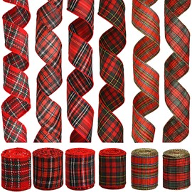 NAUZE 6 Rolls Christmas Wired Edge Tartan Ribbons Christmas Buffalo Plaid Ribbon Red Green Plaid Ribbon for Christmas Tree Decorations Wreath Bows Making