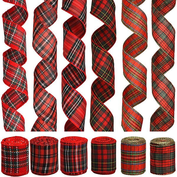 NAUZE 6 Rolls Christmas Wired Edge Tartan Ribbons Christmas Buffalo