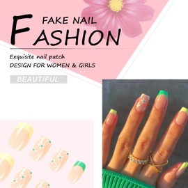 24Pcs Flower Square False Nails Short, Elegant French Green Press on Nails with Glue Sticker, Glossy Acrylic Full Cover Stick on Nails Fake Nail for Women and Girls