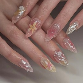 24Pcs Flower Press on Nails Almond Medium Fake Nails French False Nails with 3D Flowers Pearls Nail Designs Luxury Acrylic Nail Art Supplies Full Cover Artificial Fingernails for Women