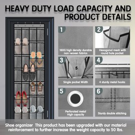 28 Compartment Breathable Mesh Pocket Over the Door Hanging Shoe Organizer, Closet Shoe Organizer, Large Men's and Women's Shoe Organizer, Hanging Over the Door Shoe Organizer (Gray)