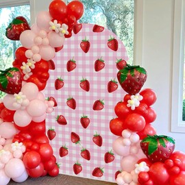 Arch Cover Strawberry Theme Backdrop Pink Grid Girls Bagy Shower Bride Wedding Sweet Strawberry Birthday Party Decor (6FT)