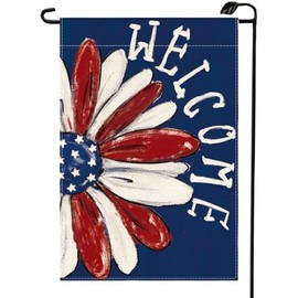 HIUCUS 4th of July Patriotic Garden Flag 12x18 Inch Double Sided for Outside Memorial Independence Day Floral Welcome Daisy Yard Outdoor Decoration Flag MG17-blue