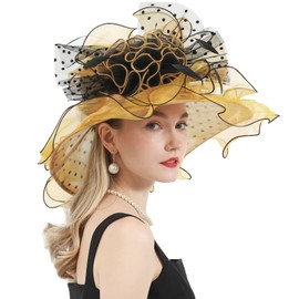 ORIDOOR Women Organza Fascinator Church Kentucky Derby Hat Floral Tea Party Wedding Hat (003F Gold), One Size