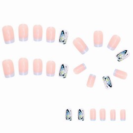 MERVF Square Press on Nails Medium Fake Nails Blue French Tip Stick on Nails Rhinestones Press ons Squoval Acrylic Nails with Butterfly Design Glossy 24pcs