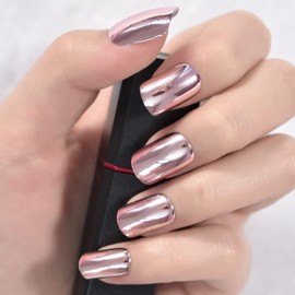 Metallic Mirror Press On Nails Light Pink False Nails Squoval Medium Lenght Nail Art Tips Salon Manicure Kits Acrylic Fake Fingernails Reusable Glue On Nails Women Girls Nails for Office Home Party