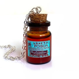Arsenic Poison Bottle Necklace with Real Moving Liquid Inside - Shimmer Swirl Amber Colored Magic Potion Charm - Mini Vial Pendant 1.5" x .75"
