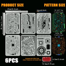 FINGERINSPIRE 6 PCS Circuit Board Stencils with Paint Brush 8.3x11.7inch Circuit Diagram Templates Reusable Mixed Media Electronic Sketch Stencils for Painting on Wood Wall Canvas Furniture