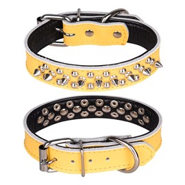 Pimaodog Spiked Studded Dog Collar, Genuine Leather Dog Collar, Adjustable Pet Collars for Small or Medium Pet (L, Yellow-2)