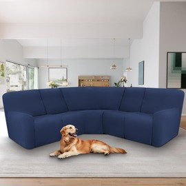 ALIECOM 100% Waterproof Sectional Recliner Couch Covers L Shape Sofa Cover Jacquard Stretch 5-Piece Corner Couch Cover for Reclining Sectional Slipcover Furniture Protector (5 Seat, Navy Blue)