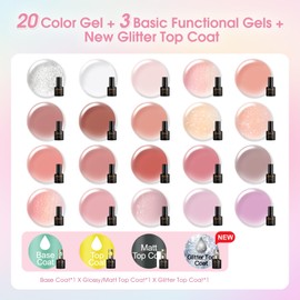 ROSALIND 24pcs Pink Nude Gel Nail Polish Set, 20 Colors Neutral Jelly Pink Sheer White Color Soak Off UV Gel Set with Base Gel Glossy Matte Glitter Top Coat DIY Manicure Gifts