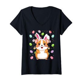 Womens Hamster Happy Easter Egg Hunt Bunny Ear Hamster Easter V-Neck T-Shirt