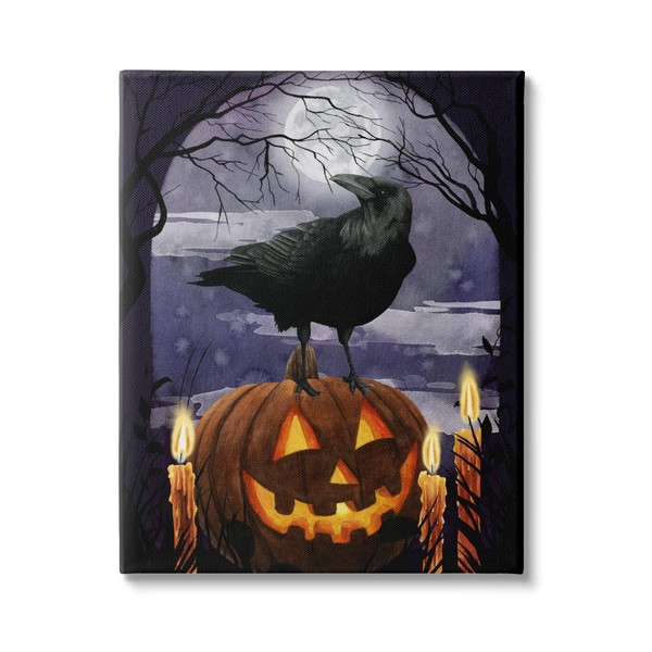 Stupell Industries Spooky Halloween Night Sky Crow Jack-o'-Lantern Full Moon,