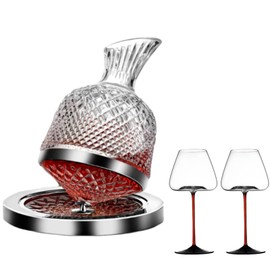 Red Wine Decanter 50oz/1500ml 360°Rotating Wine Decanter with 2 Goblets Thickened Crystal Glass Base Whisky Decanter for Wine Lovers Gifts