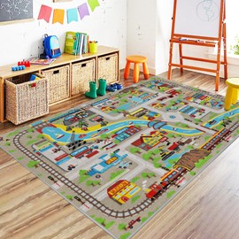 Capslpad Kids Rug for Playroom 3'3" x 5'2" Educational Learning Kid Play Area Rug Large Traffic Road Cars Play Mat for Kids Toy Nursery Rug Carpet for Living Room Home Decor, Tan