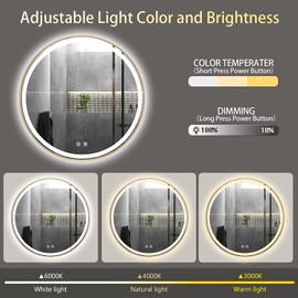 MIRTHIE Round 24" LED Bathroom Mirror with Gold Frame, Stepless Dimmable, Anti-Fog, Shatter-Proof, Memory, 3 Colors, Double LED Vanity Mirror