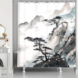 Coveimes Japanese Shower Curtain, Asian Scenic Shower Curtain Sets, Japanese Mountain Shower Curtain with Black Gray Pine Tree Ink Painting Waterproof Polyester Fabric Bath Curtain with Hooks