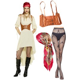 kasahara Pirate Costume Women's Set Medieval Pirate Off Shoulder Dress Outfit with Corset, Stocking, Headscarf, Carnival Full Fancy Dress Costume (Off-White, L)