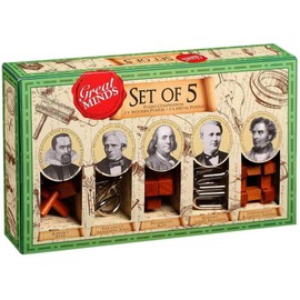 Professor Puzzles Great Minds Brain Teaser Puzzle Set - 5 Piece - 3 X Wooden Brain Teaser Puzzle & 2 X Metal Entanglement Puzzles - Male