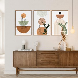 SIKERIC Framed Boho Wall Art Set of 3, (24x36 Inch) Neutral Boho Canvas Wall Art Prints, Mid Century Modern Wall Art Decor, Geometric Bohemian Art Painting for Living Room, Bedroom, Office