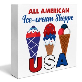 4th of July Sign Patriotic Decor Wooden Box Sign America Ice Cream Shoppe Desk Decoration Square Wood Sign Wood Block Plaque Box Sign for Shelf Home 5 x 5 Inches